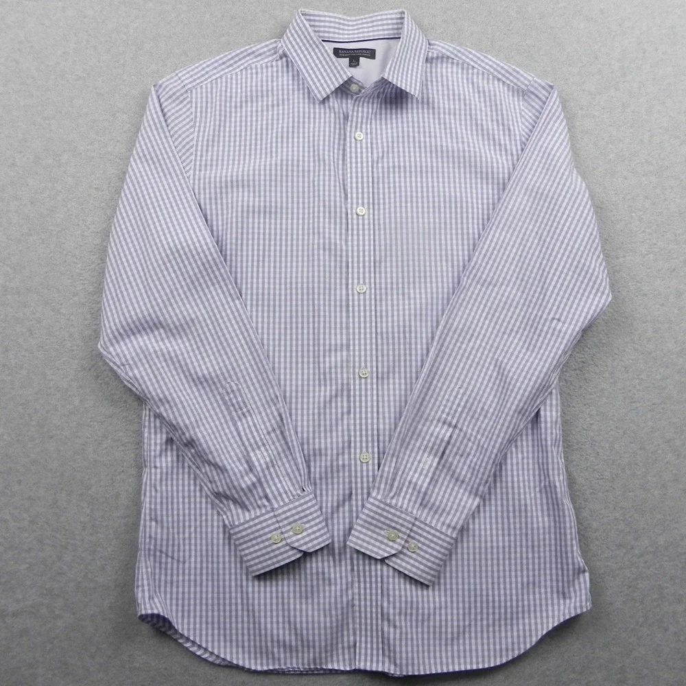 Banana Republic Shirt Mens Large Slim Fit Non-Iron Purple Gingham Cotton Button